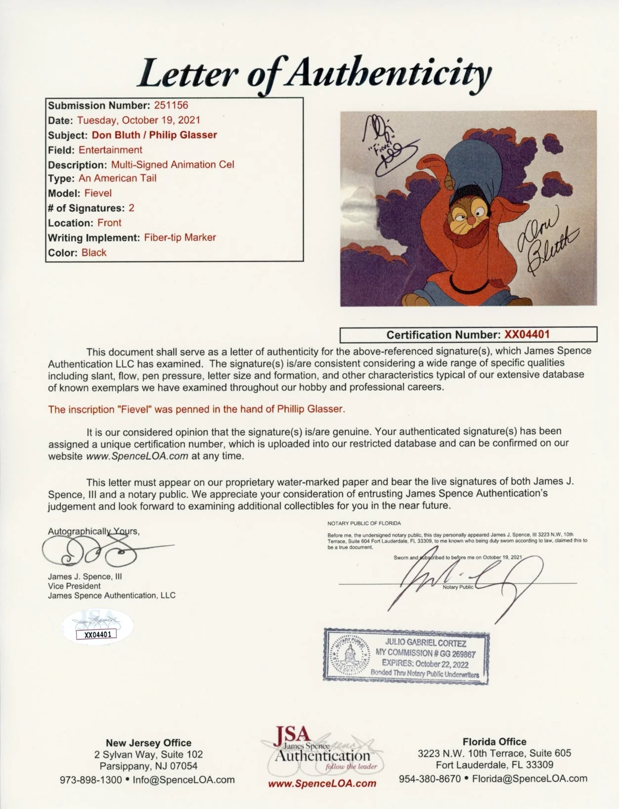 An American Tail 10.5x12.5  Animation Production Cel Cast x2 Signed Bluth, Glasser JSA LOA Certified Autograph - Image 2