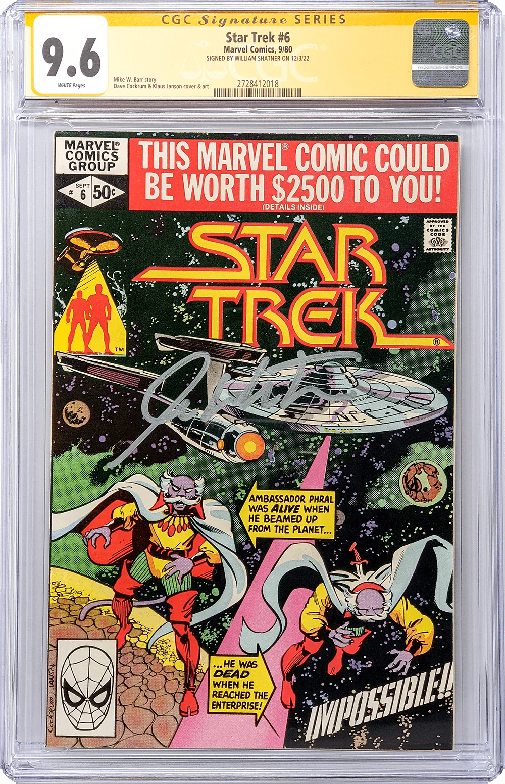 Star Trek #6 Marvel Comics CGC Signature Series 9.6 Signed by William Shatner - Image 2