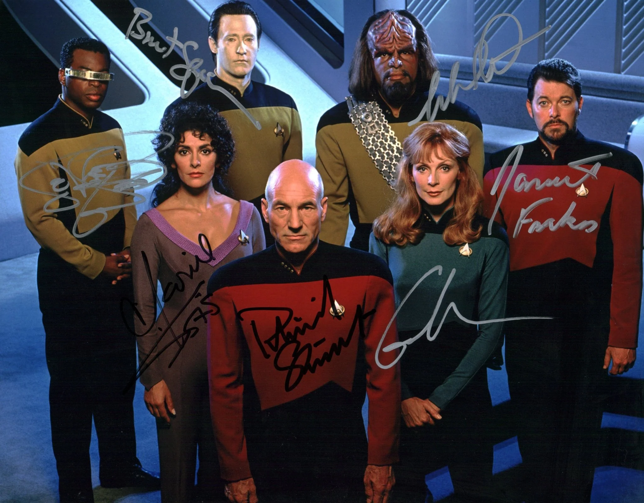 Star Trek: The Next Generation 11x14 Photo Poster Cast x7 Signed Burton Dorn Frakes McFadden Sirtis Spiner Stewart JSA Certified Autograph
