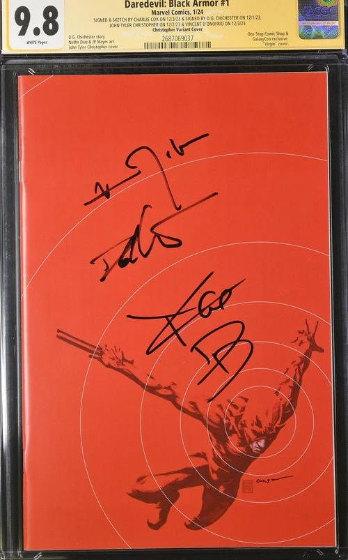 Daredevil: Black Armor #1 Marvel Comics Galxycon Exclusive Christopher Variant CGC Signature Series 9.8 Signed & Sketch by Charlie Cox, Signed Vincent D'Onofrio, D.G. Chichester, John Tyler Christopher - Image 2