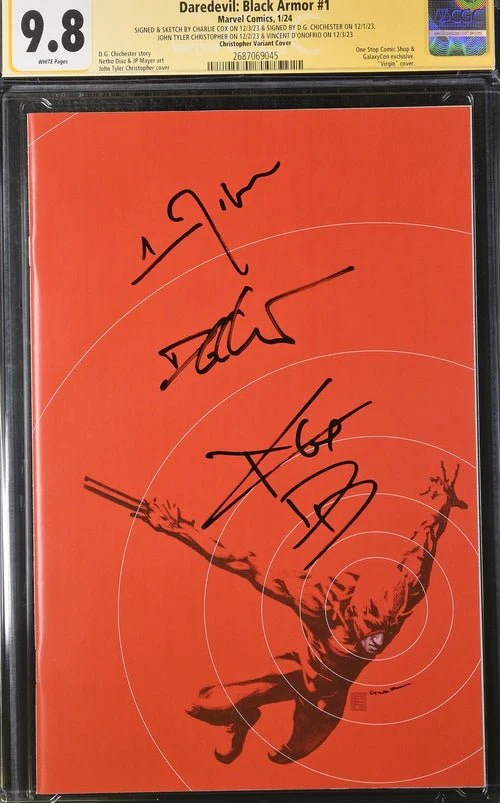 Daredevil: Black Armor #1 Marvel Comics Galxycon Exclusive Christopher Variant CGC Signature Series 9.8 Signed & Sketch by Charlie Cox, Signed Vincent D'Onofrio, D.G. Chichester, John Tyler Christopher - Image 4