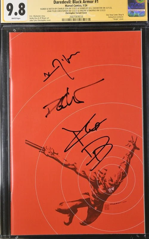 Daredevil: Black Armor #1 Marvel Comics Galxycon Exclusive Christopher Variant CGC Signature Series 9.8 Signed & Sketch by Charlie Cox, Signed Vincent D'Onofrio, D.G. Chichester, John Tyler Christopher - Image 6
