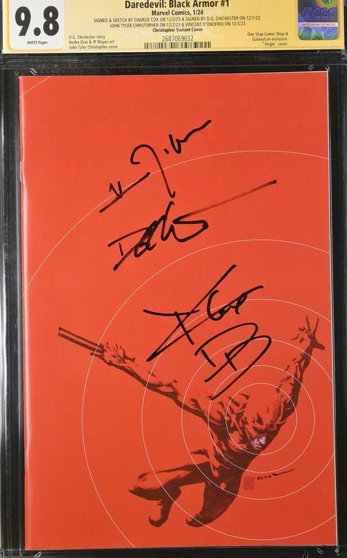 Daredevil: Black Armor #1 Marvel Comics Galxycon Exclusive Christopher Variant CGC Signature Series 9.8 Signed & Sketch by Charlie Cox, Signed Vincent D'Onofrio, D.G. Chichester, John Tyler Christopher - Image 8
