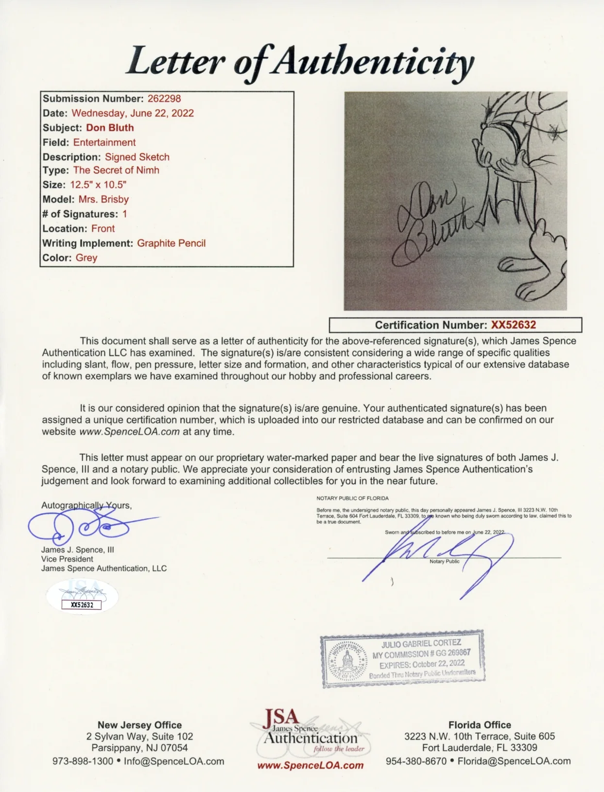 Don Bluth The Secret of NIMH 12.5x10.5 Signed Animation Sketch JSA LOA Certified Autograph - Image 2