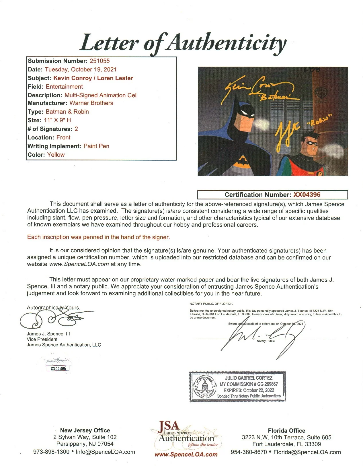 Batman 11" x 9" Signed Animation Production Cel Cast x 2 Signed Conroy, Lester JSA LOA Certified Autograph - Image 4
