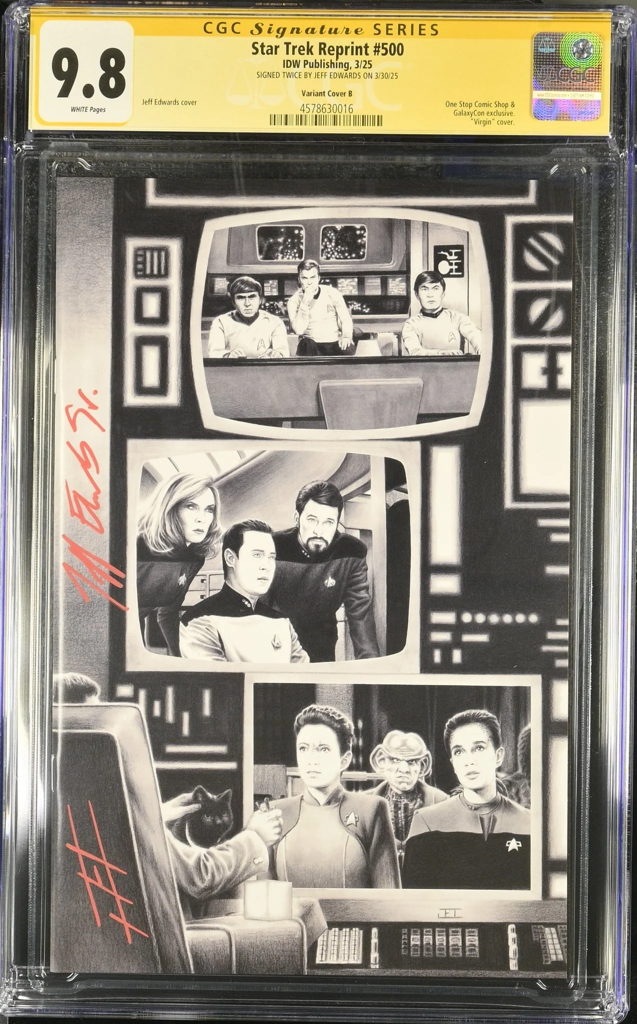 STAR TREK #500 "GARY SEVEN WATCHES" GALAXYCON VARIANT (B/W) CGC SS 9.8 Signed by: Jeff Edwards - Image 10