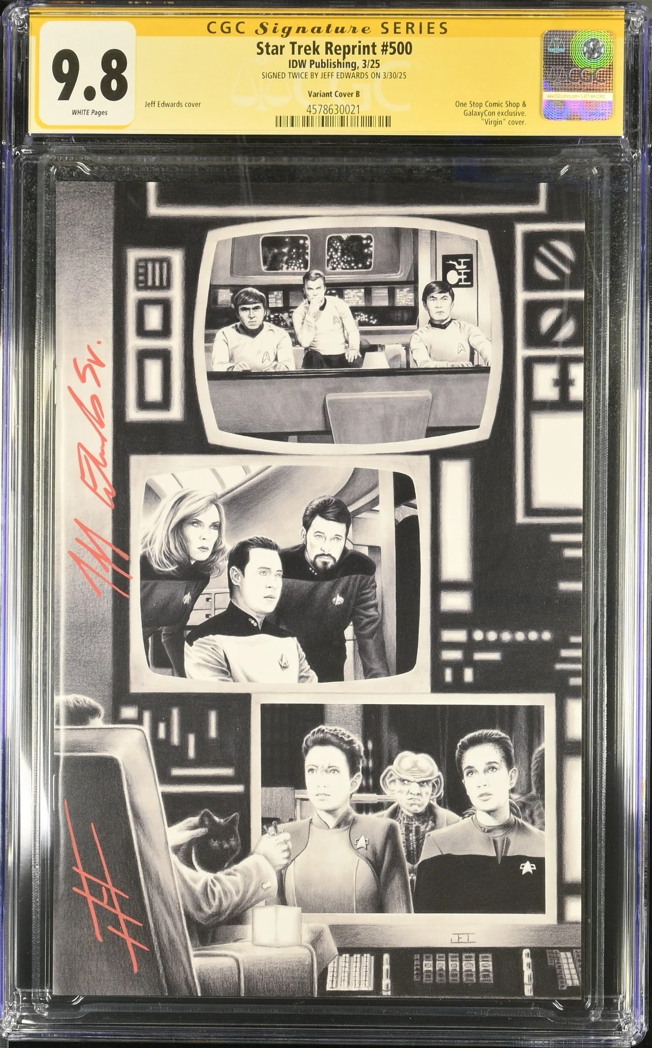 STAR TREK #500 "GARY SEVEN WATCHES" GALAXYCON VARIANT (B/W) CGC SS 9.8 Signed by: Jeff Edwards - Image 9