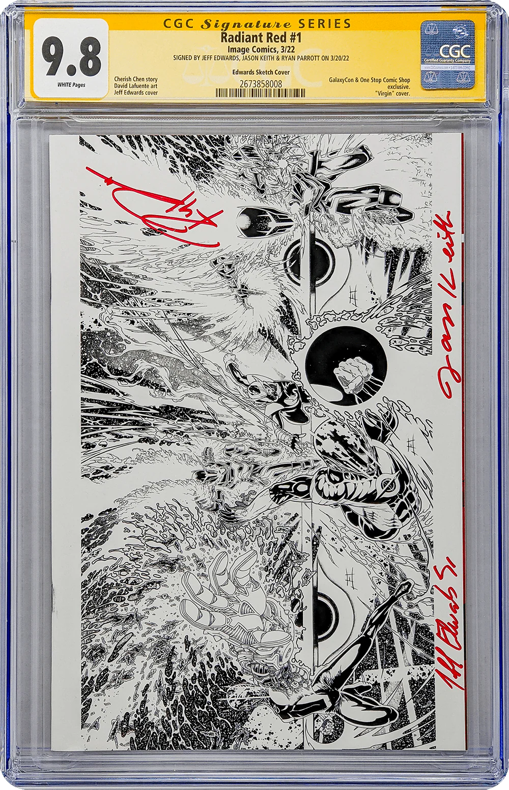 Radiant Red #1 GalaxyCon Richmond 2022 Exclusive B&W Sketch Variant Comic CGC Signature Series 9.8 Signed Edwards, Keith, Parrott - Image 2