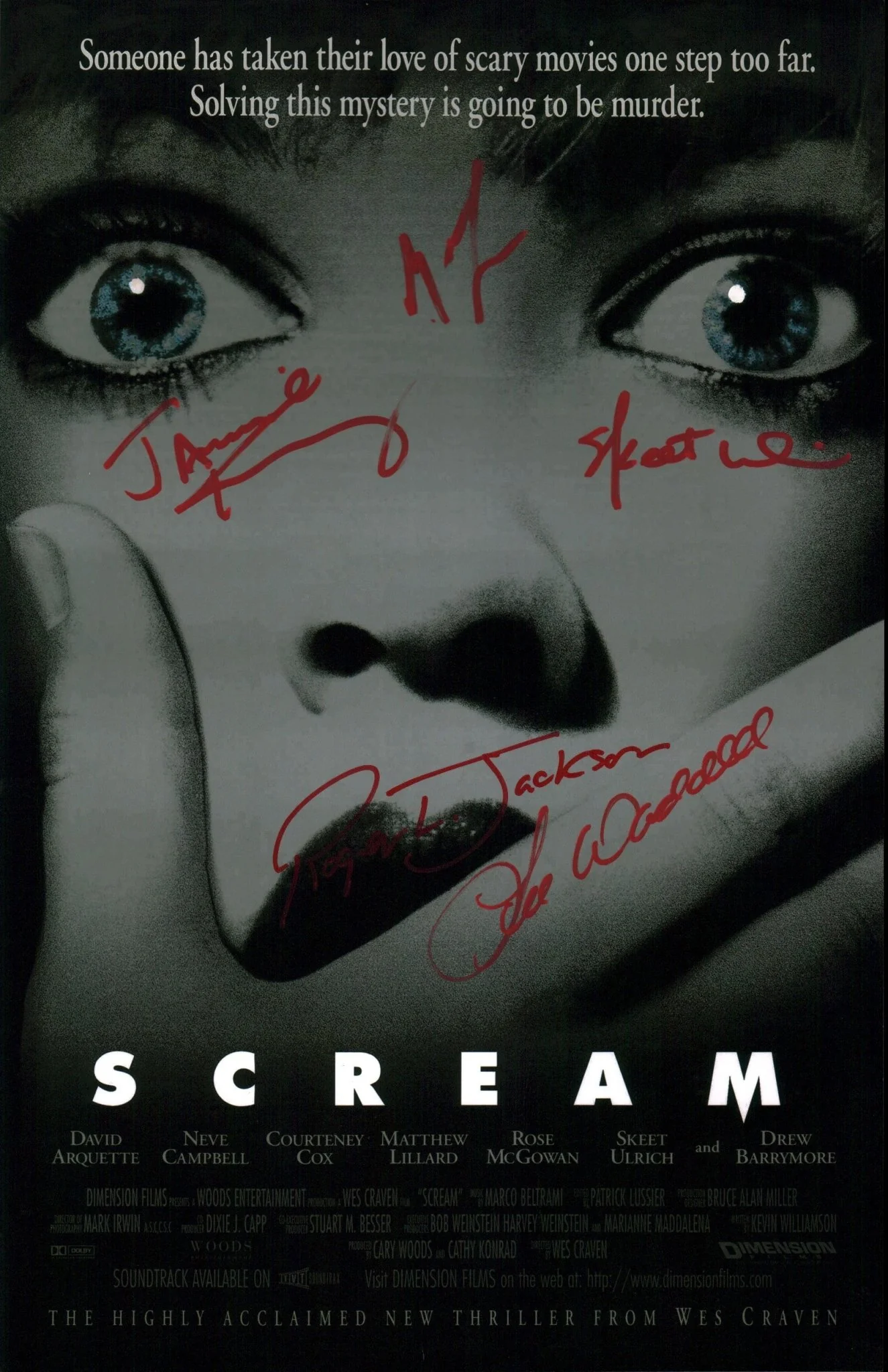 Scream 11x17 Signed Photo Cast x5 Lillard, Ulrich, Kennedy, Waddell, Jackson JSA Certified Autograph - Image 2