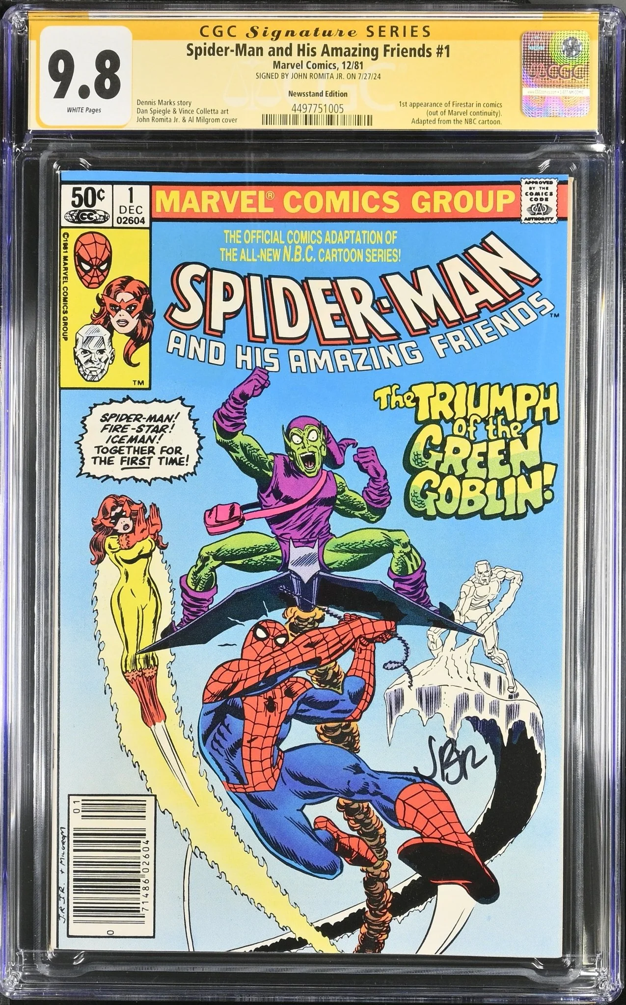 Spider-Man and His Amazing Friends #1 Newsstand Edition Marvel Comics CGC Signature Series 9.8 Signed John Romita JR - Image 2