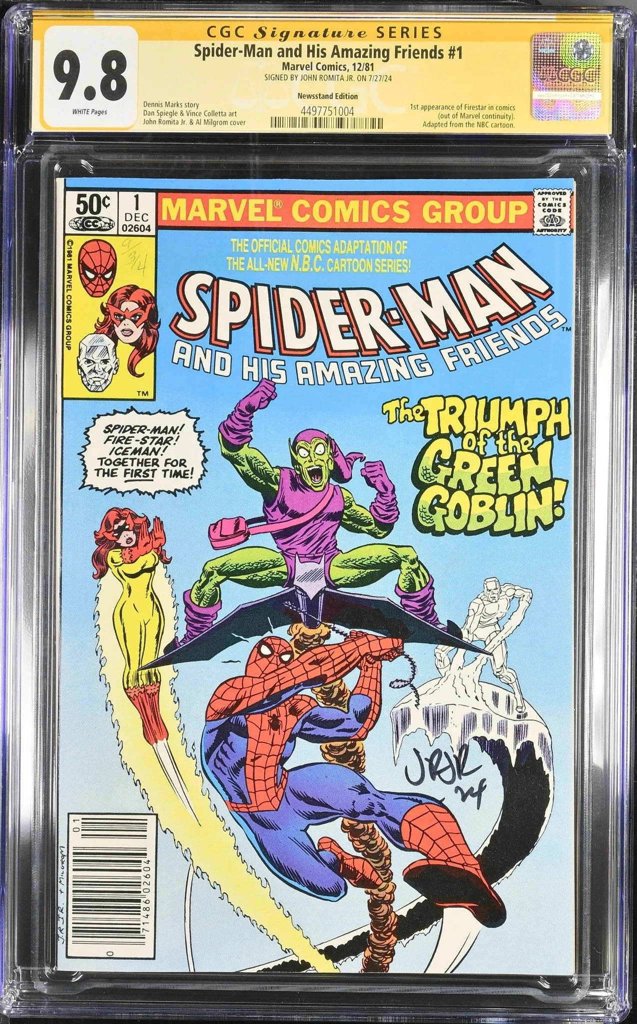 Spider-Man and His Amazing Friends #1 Newsstand Edition Marvel Comics CGC Signature Series 9.8 Signed John Romita JR - Image 3