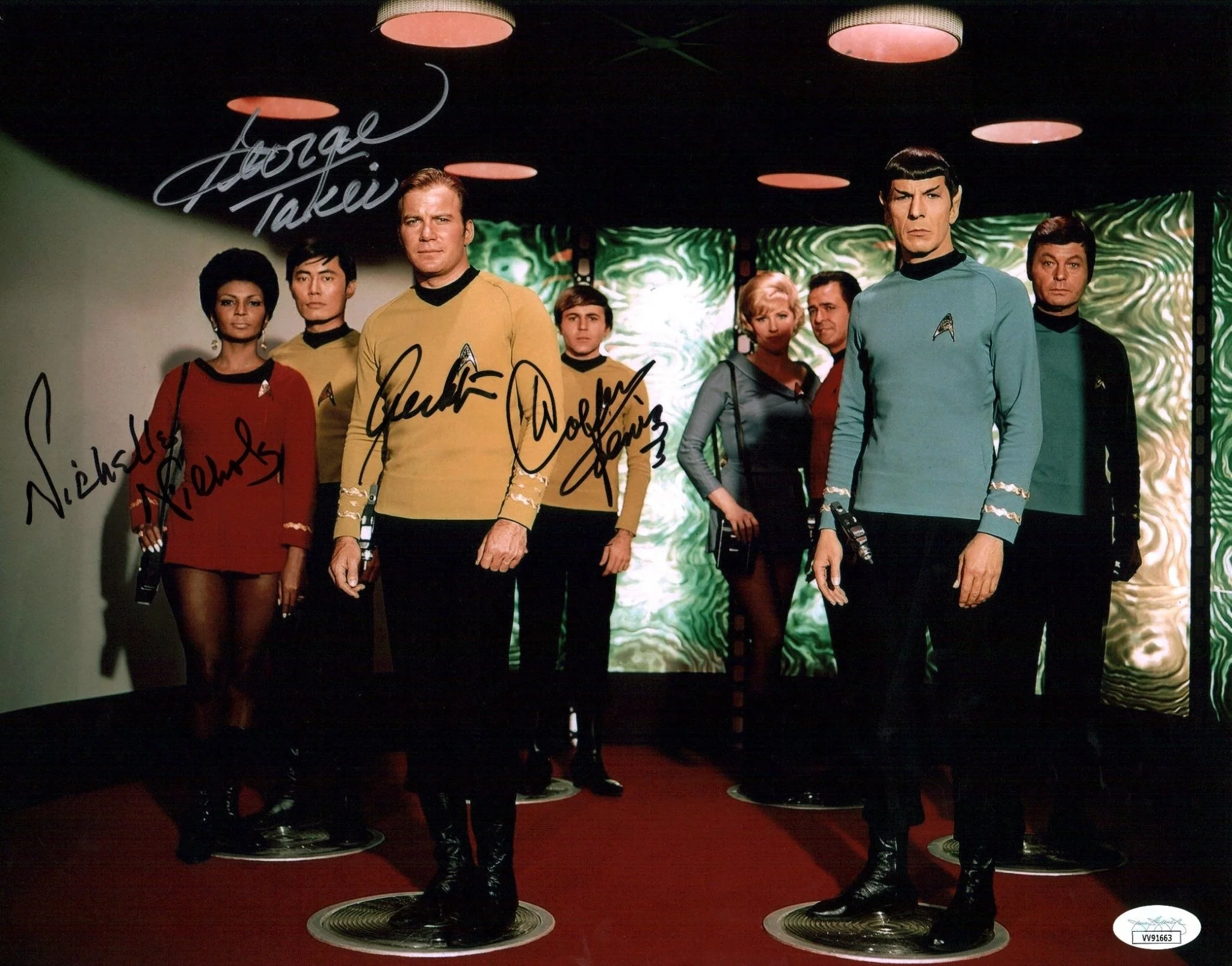 Star Trek 11x14 Mini Poster Cast x4 Signed Koenig Takei Shatner Nichols JSA Certified Autograph - Image 2