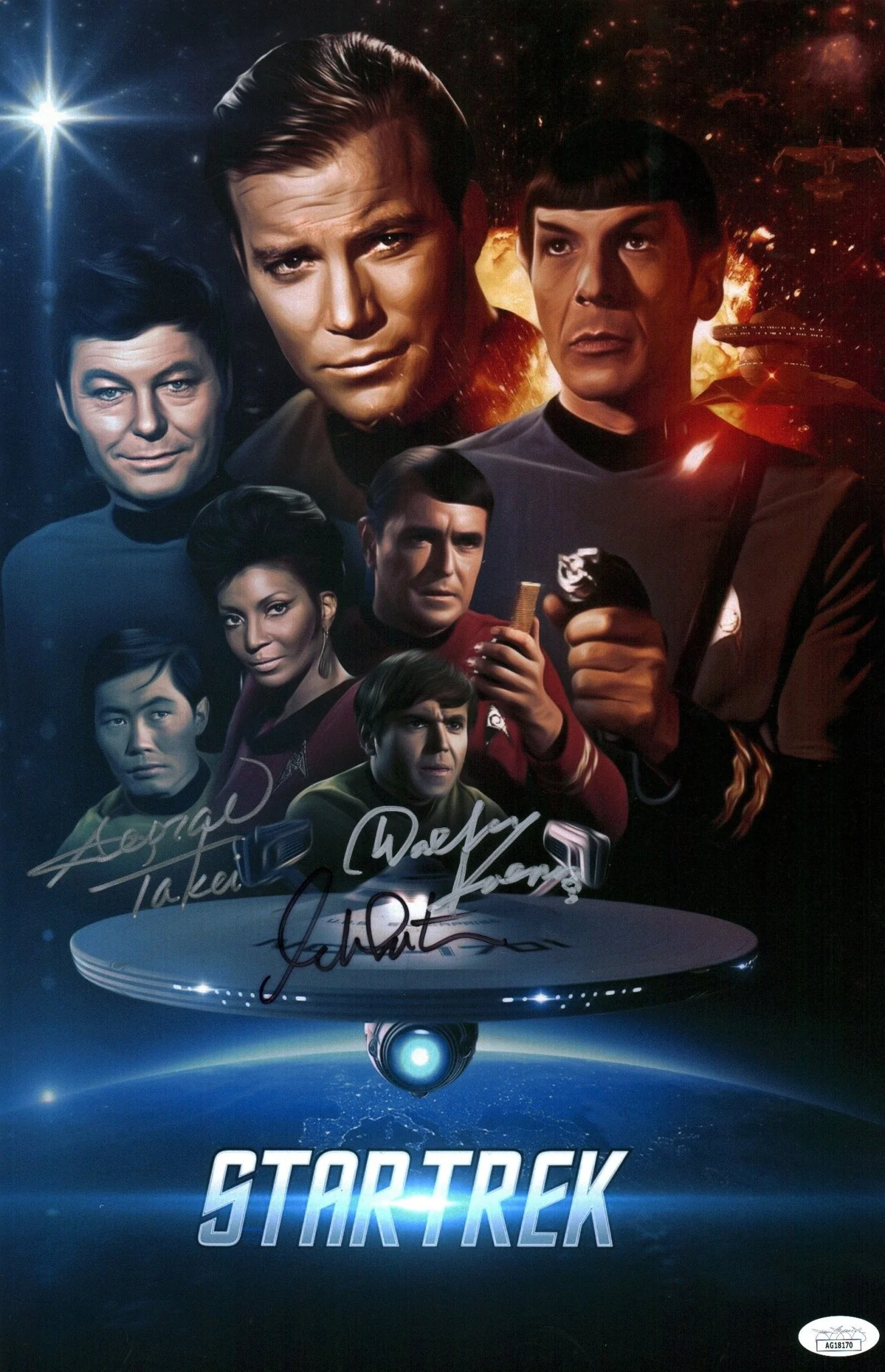 Star Trek 11x14 Mini Poster x3 Signed Koenig, Shatner, Takei JSA Certified Autograph - Image 2